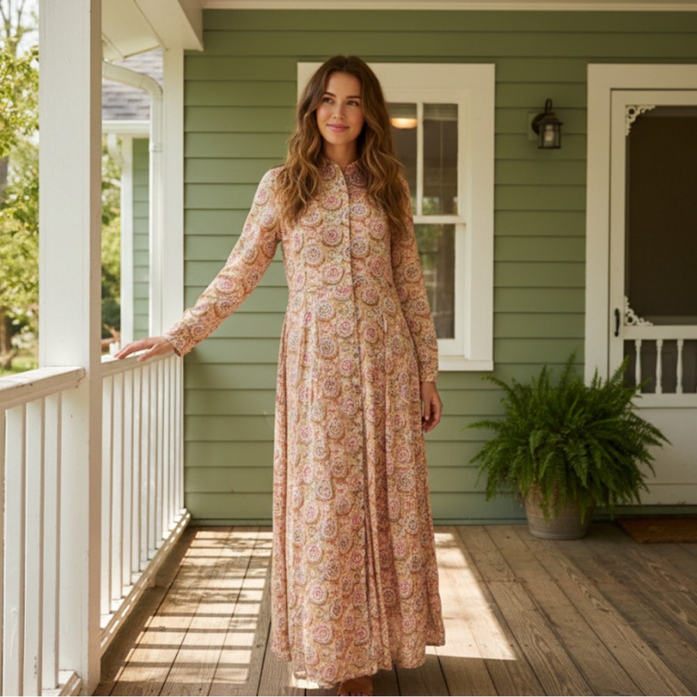 Julia Amory JA Dress Muted Floral Long Sleeve Maxi Dress Size Large